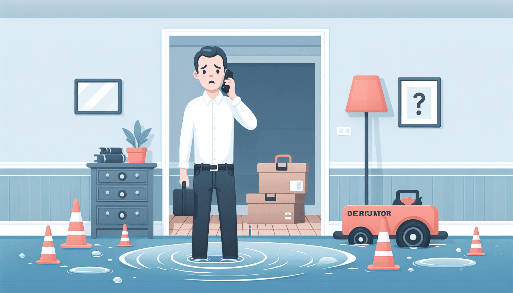 Illustration of homeowner calling emergency water damage service