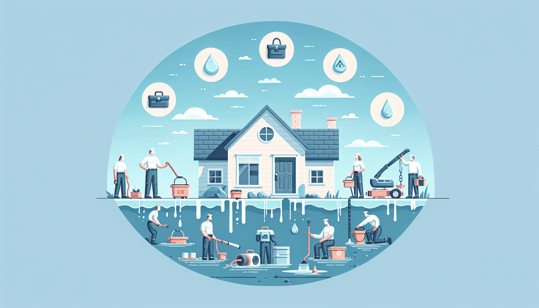 Step-by-step illustration of the water damage restoration process